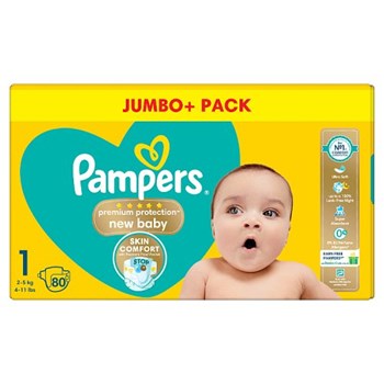 Pampers Premium Protection New Baby Size 1, 80 Nappies, 2kg-5kg, Jumbo+ Pack