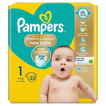 Pampers Premium Protection New Baby Size 1, 22 Nappies, 2kg-5kg, Carry Pack