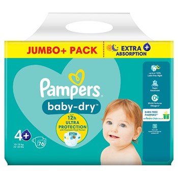 Pampers Baby-Dry Size 4+, 76 Nappies, 10kg-15kg, Jumbo+ Pack