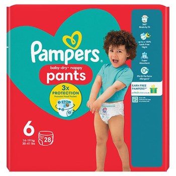 Pampers Baby-Dry Nappy Pants Size 6, 28 Nappies, 14kg-19kg, Essential Pack