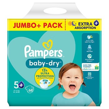 Pampers Baby-Dry Size 5+, 68 Nappies, 12kg-17kg, Jumbo+ Pack