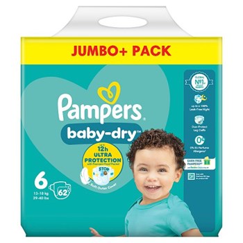 Pampers Baby-Dry Size 6, 62 Nappies, 13kg-18kg, Jumbo+ Pack