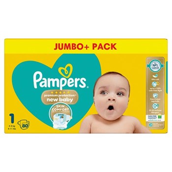 Pampers Premium Protection New Baby Size 1, 80 Nappies, 2kg-5kg, Jumbo+ Pack