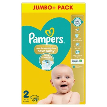 Pampers Premium Protection New Baby Size 2, 76 Nappies, 4kg-8kg, Jumbo+ Pack