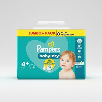 Pampers Baby-Dry Size 4+, 76 Nappies, 10kg-15kg, Jumbo+ Pack