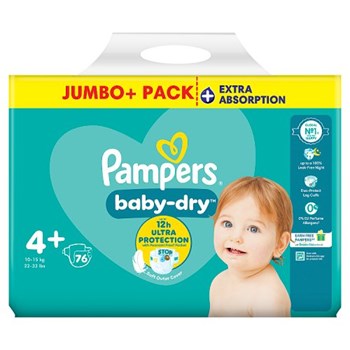 Pampers Baby-Dry Size 4+, 76 Nappies, 10kg-15kg, Jumbo+ Pack