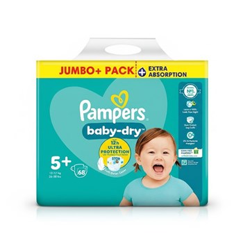 Pampers Baby-Dry Size 5+, 68 Nappies, 12kg-17kg, Jumbo+ Pack