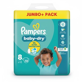 Pampers Baby-Dry Size 8, 52 Nappies, 17kg+, Jumbo+ Pack