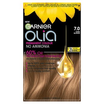 Garnier Olia 7.0 Dark Blonde: 100% Grey Coverage, No Ammonia, for luminous, natural blonde.