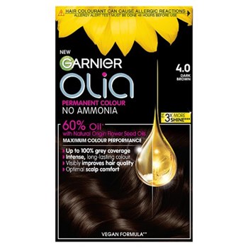 Garnier Olia 4.0 Dark Brown: 100% Grey Coverage, No Ammonia, for rich and deep brown shade.