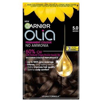 Garnier Olia 5.0 Brown: 100% Grey Coverage, No Ammonia, providing vibrant, lasting color.