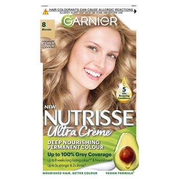 Garnier Nutrisse Ultra Crème Dye, Vegan, 8 Blonde, radiant, natural blonde hair finish, no ammonia.