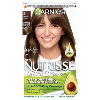 Garnier Nutrisse Ultra Crème Dye, Vegan, 5 Mocha Brown, vibrant and long-lasting hair color.