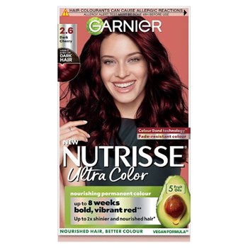 Garnier Nutrisse Ultra Color Dye, Vegan, 2.6 Dark Cherry Red, deep, luscious red hair for 8 weeks.
