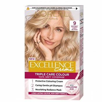 Excellence Créme 9 Light Blonde: 100% Grey, enhanced quality & shine, for radiant hair.