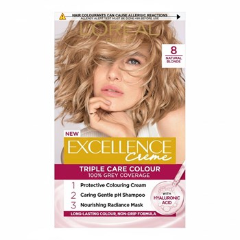 Excellence Créme 8 Natural Blonde: 100% Grey, nourished, vibrant, long-lasting color.