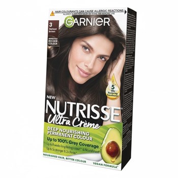 Garnier Nutrisse Ultra Crème Dye, Vegan, 3 Darkest Brown, intense and rich hair shade, 100% grey.