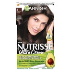Garnier Nutrisse Ultra Crème Dye, Vegan, 3 Darkest Brown, intense and rich hair shade, 100% grey.