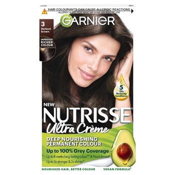 Garnier Nutrisse Ultra Crème Dye, Vegan, 3 Darkest Brown, intense and rich hair shade, 100% grey.
