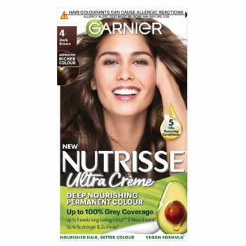 Garnier Nutrisse Ultra Crème Dye, Vegan, 4 Dark Brown, deep, lustrous hair color, 8 weeks of shine.