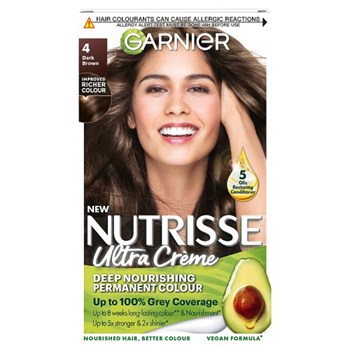 Garnier Nutrisse Ultra Crème Dye, Vegan, 4 Dark Brown, deep, lustrous hair color, 8 weeks of shine.