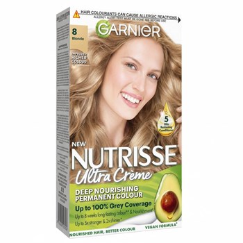 Garnier Nutrisse Ultra Crème Dye, Vegan, 8 Blonde, radiant, natural blonde hair finish, no ammonia.