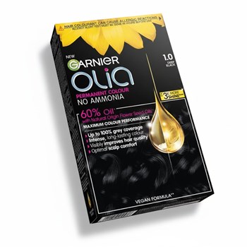 Garnier Olia 1.0 Night Black: 100% Grey Coverage, No Ammonia, for intense, vibrant hair.