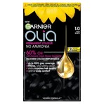 Garnier Olia 1.0 Night Black: 100% Grey Coverage, No Ammonia, for intense, vibrant hair.