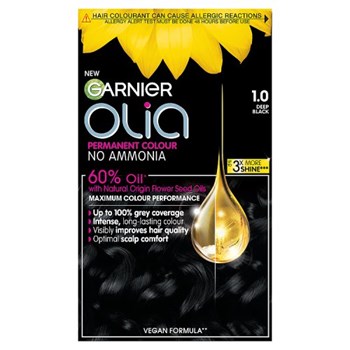 Garnier Olia 1.0 Night Black: 100% Grey Coverage, No Ammonia, for intense, vibrant hair.