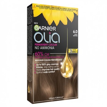 Garnier Olia 6.0 Light Brown: 100% Grey Coverage, No Ammonia, for beautiful, soft color.