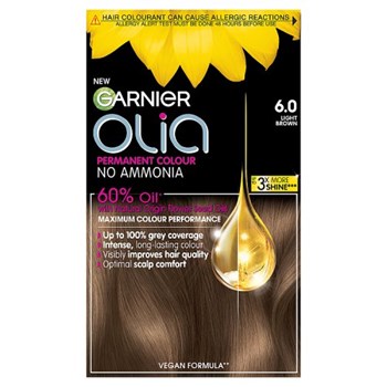 Garnier Olia 6.0 Light Brown: 100% Grey Coverage, No Ammonia, for beautiful, soft color.