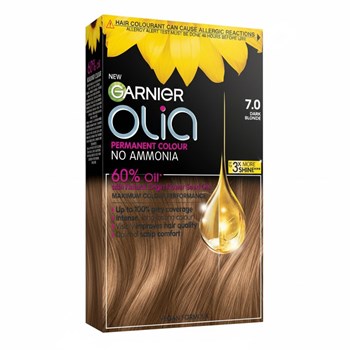 Garnier Olia 7.0 Dark Blonde: 100% Grey Coverage, No Ammonia, for luminous, natural blonde.