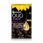 Garnier Olia 5.0 Brown: 100% Grey Coverage, No Ammonia, providing vibrant, lasting color.