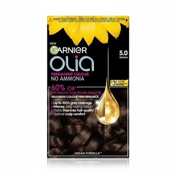 Garnier Olia 5.0 Brown: 100% Grey Coverage, No Ammonia, providing vibrant, lasting color.