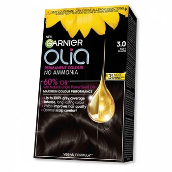 Garnier Olia 3.0 Soft Black: 100% Grey Coverage, No Ammonia, ensuring long-lasting color.