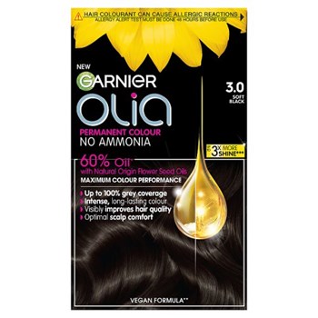 Garnier Olia 3.0 Soft Black: 100% Grey Coverage, No Ammonia, ensuring long-lasting color.