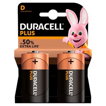 Duracell Plus Type D Alkaline Batteries, Pack of 2