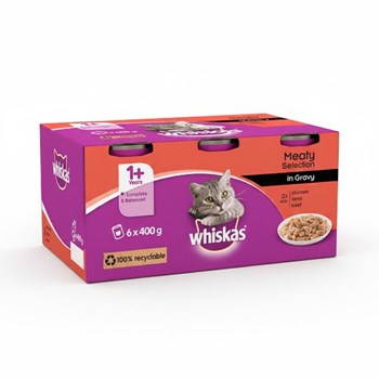 Whiskas Adult Wet Cat Food Tins Meaty in Gravy 6 x 400g